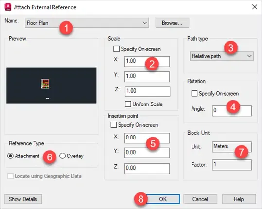 Attach External Reference-Dialog mit Einstellungen für Skala, Pfad und mehr