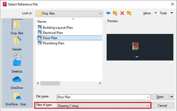 Auswahl der Floor plan DWG-Datei im Select Reference File-Menü