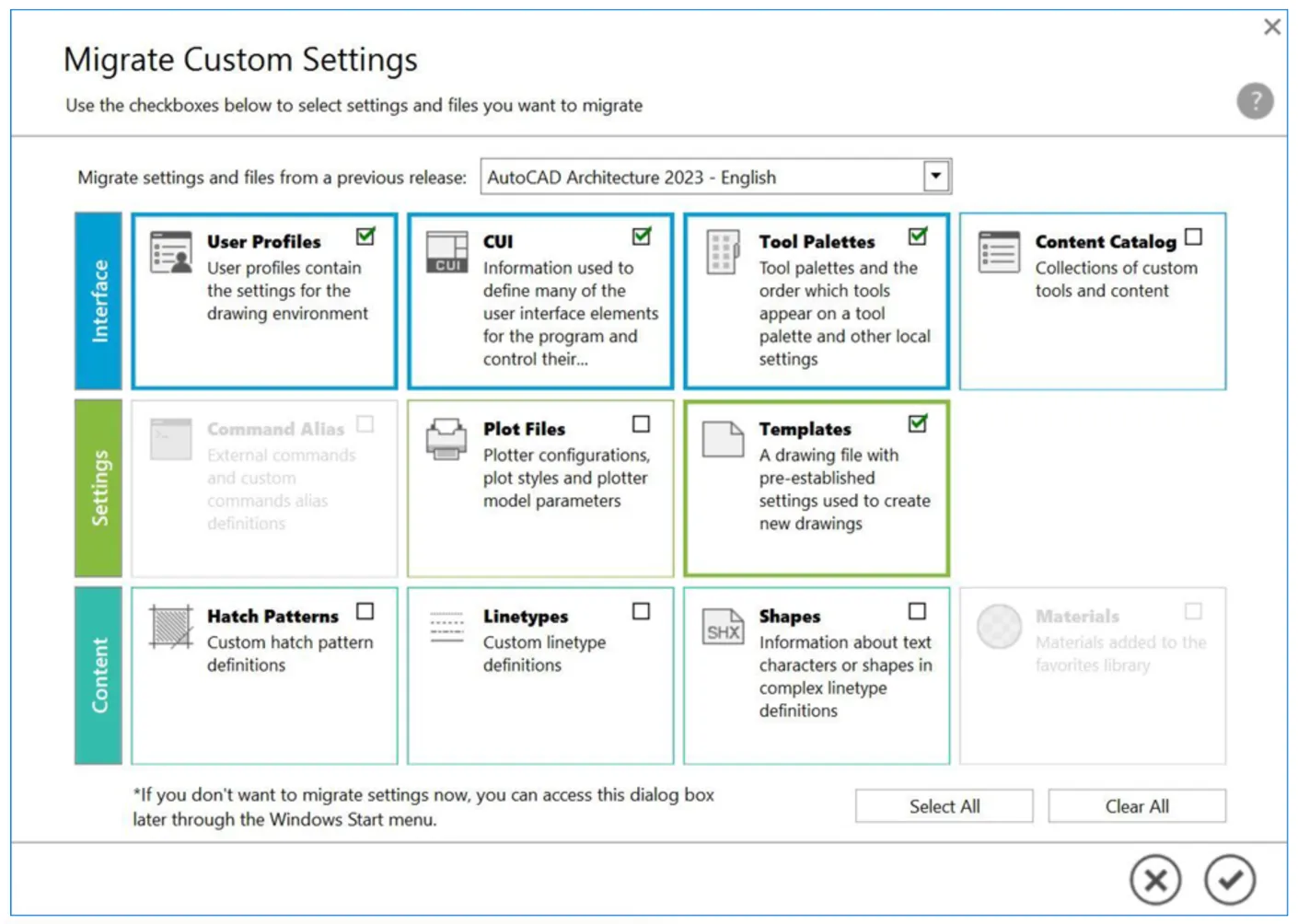 AutoCAD Migrate Custom Settings-Dialog
