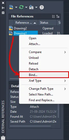 Bind-Option im XREF-Kontextmenü