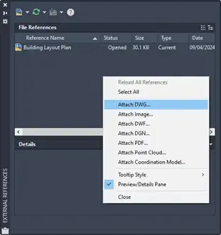External Reference-Palette mit Rechtsklick-Optionen