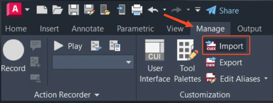 Import-Button im Manage-Tab des AutoCAD-Ribbons