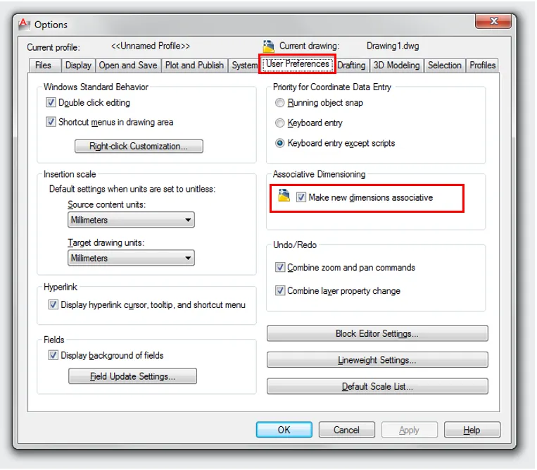 Optionen für assoziative Bemaßungen