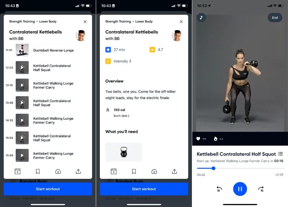 Screenshots der Aaptiv App, die ein Kettlebell-Training zeigt.