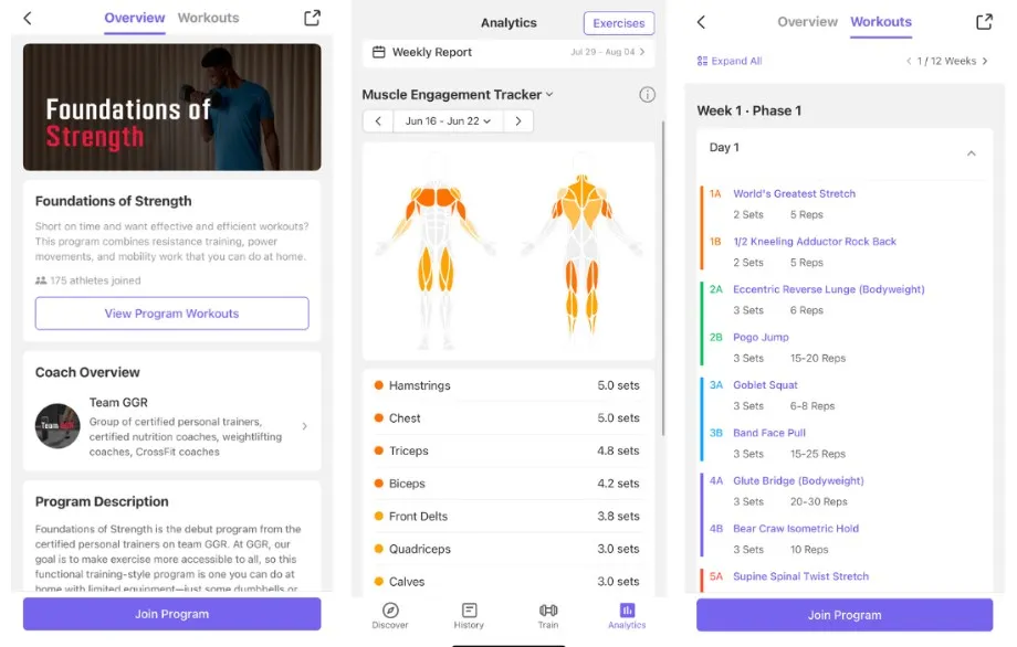 Screenshots der Boostcamp App, die verschiedene Trainingsprogramme und Analysen zeigt.