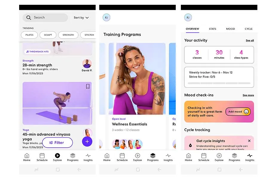 Screenshots der Obé Fitness App, die Programme und Einblicke in den Fitnessbereich für Frauen zeigt.