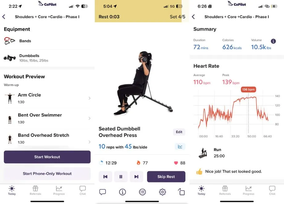 Screenshots der Trainwell (ehemals CoPIlot) App, die ein Trainingsbeispiel zeigt.