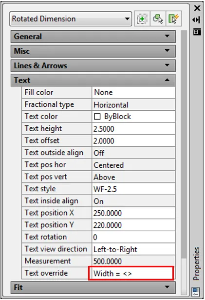 Textüberschreibung mit Bemaßungswert