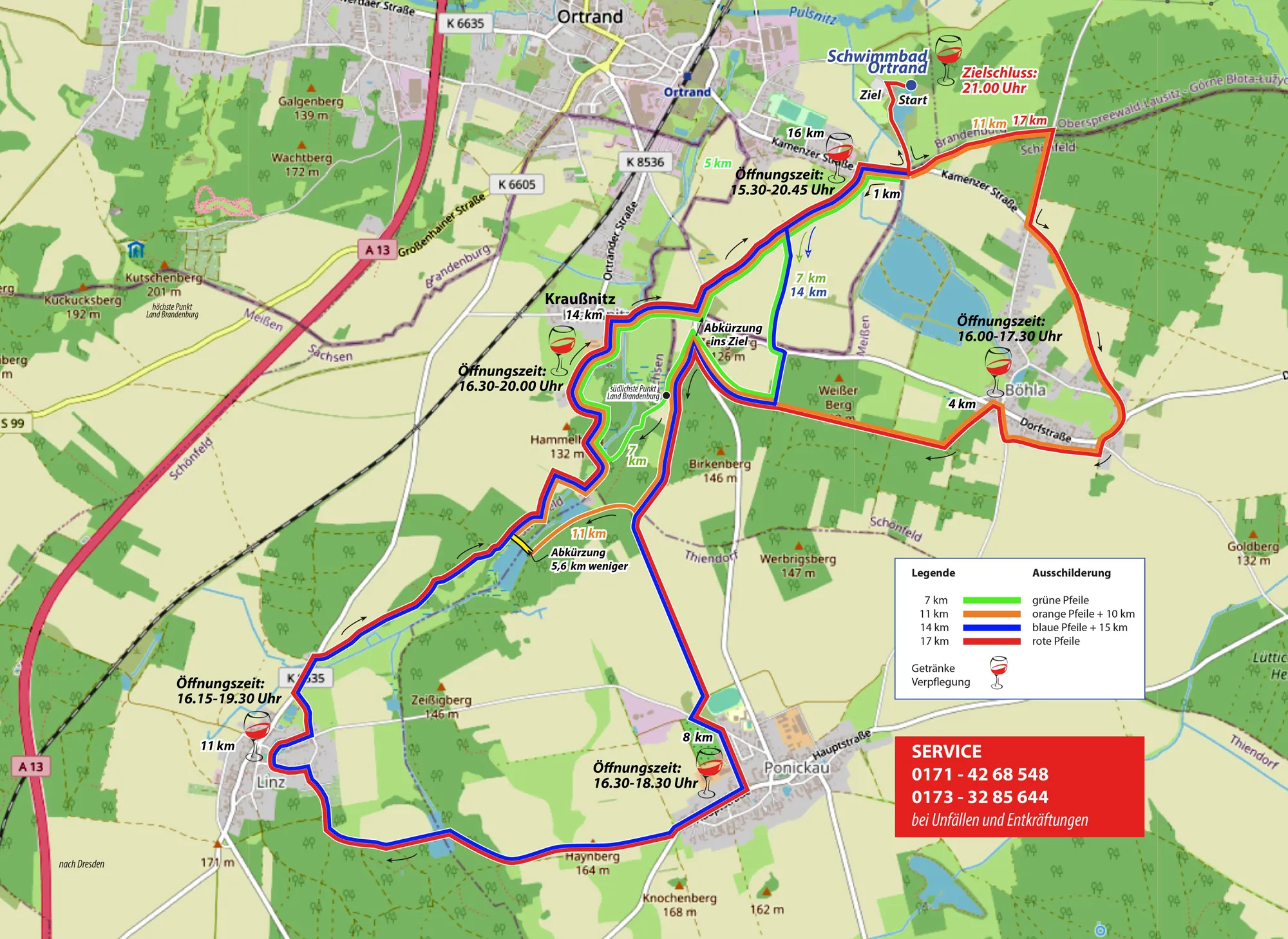 Übersichtskarte der Weinlauf-Strecken in Ortrand mit farbigen Markierungen