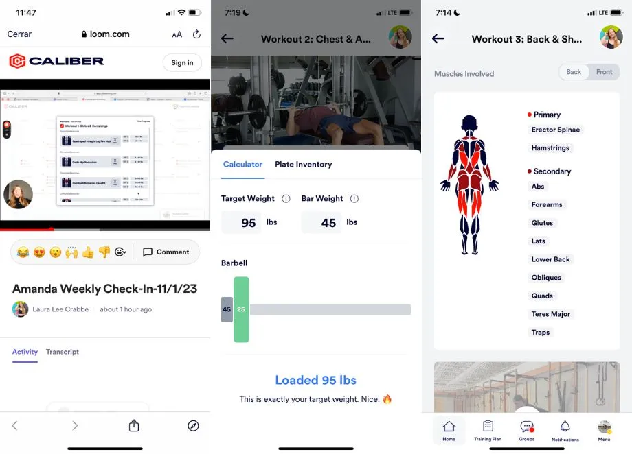 Verschiedene Bildschirme der Caliber App in der Anwendung, die Einzeltraining zeigen.