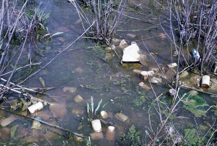 Verschmutztes Wasser mit Dosen und Müll