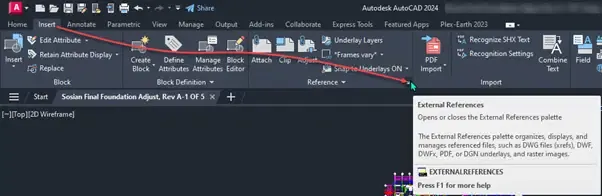 Zugang zur External References-Palette über Insert-Tab