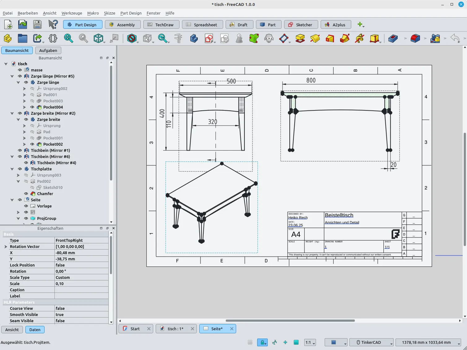 2D-Werkzeichnung eines Schranks, automatisch generiert in FreeCAD für den Möbelbau