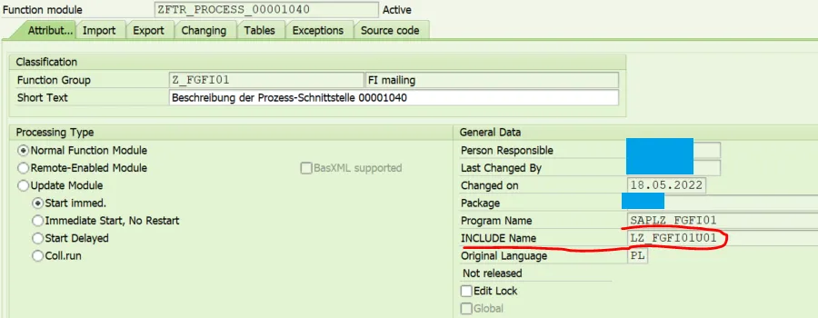 ABAP Funktionsbaustein: Attribute-Tab mit Top-Include für den Mahnlauf-E-Mail-Funktionsbaustein