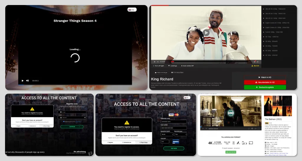 Abbildung einer Phishing-Seite, die gefälschte Film- und Serienpremieren anbietet, mit prominenten Titeln wie "Stranger Things" und "The Batman", um Abonnements und Kreditkartendaten zu stehlen.