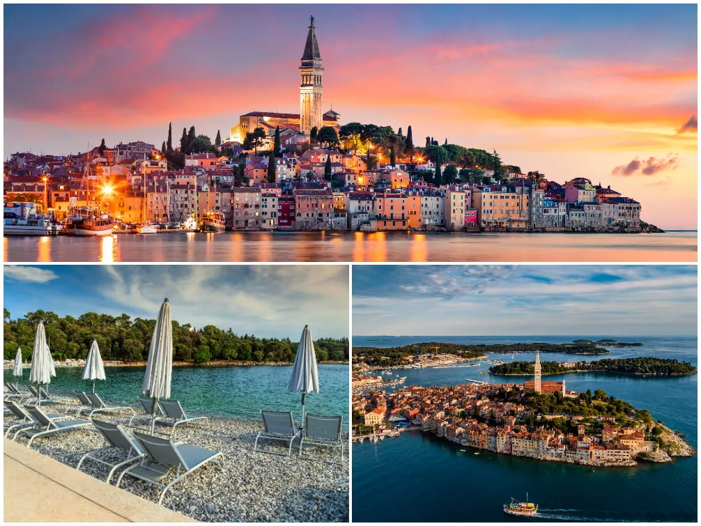 Abendstimmung in Rovinj (oben), Strand Mulini (u. links), Panoramablick auf Rovinj (u. rechts)