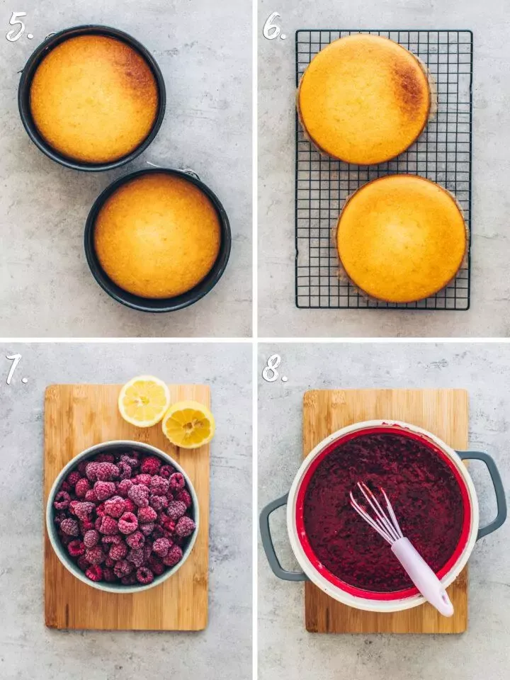 Abgekühlte Mandelkuchenböden und die fertige fruchtige Himbeerfüllung bereit zum Schichten.