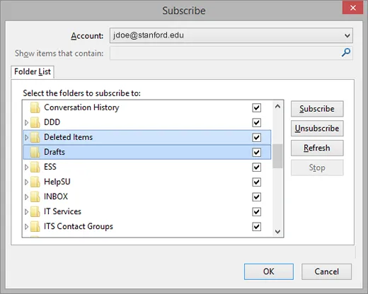 Abonnieren von Entwürfe-, Gelöschte Objekte- und Gesendete Objekte-Ordnern