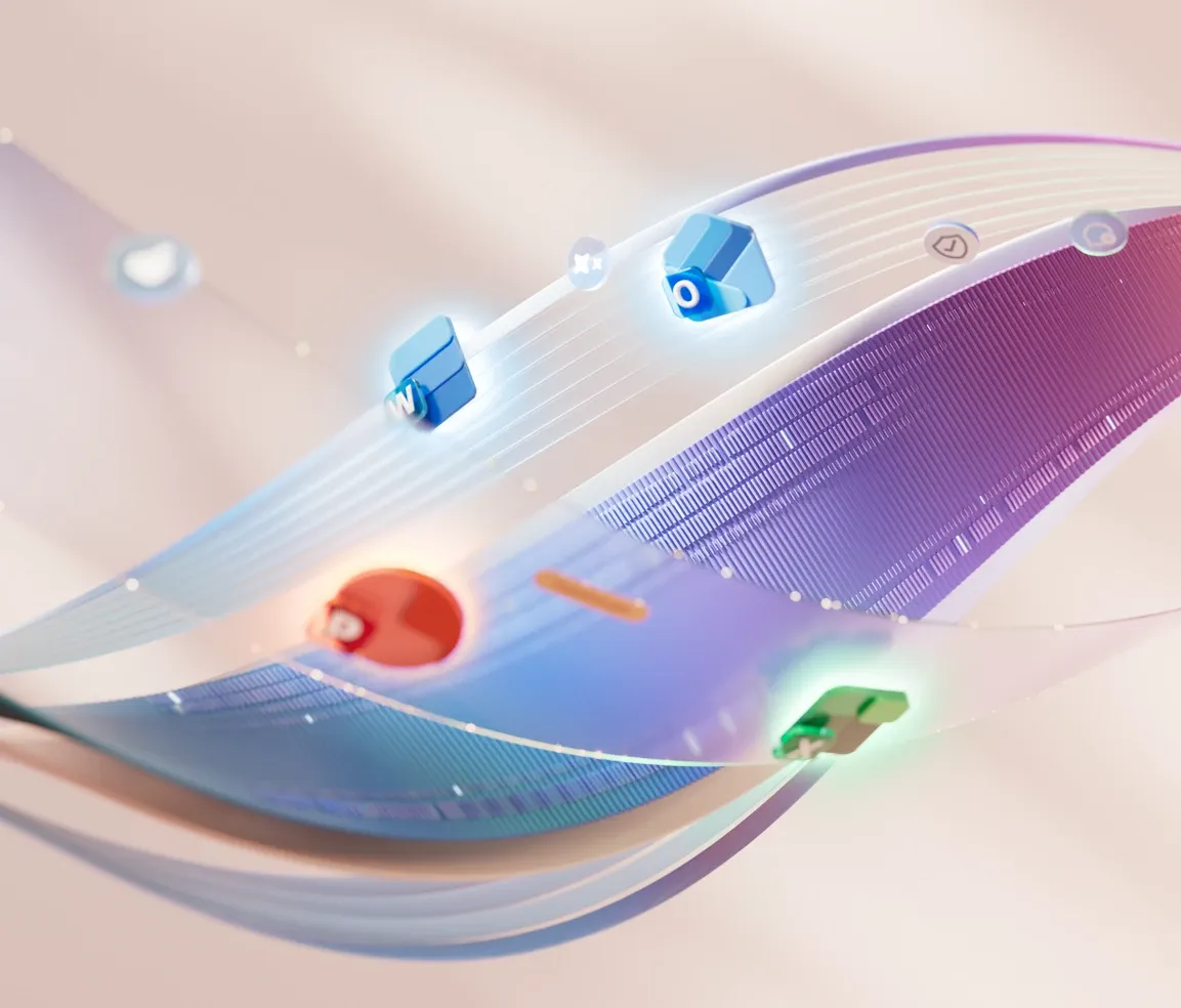 Abstrakte Kunst und die neuen Microsoft 365 Icons, die die KI-Integration symbolisieren