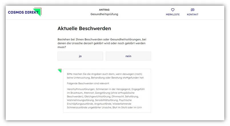Allgemeine Gesundheitsfragen der Cosmos Direkt Risikolebensversicherung