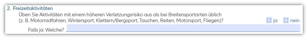 Allianz Risikolebensversicherung Gefährliche Hobbies – Abfrage im Antrag