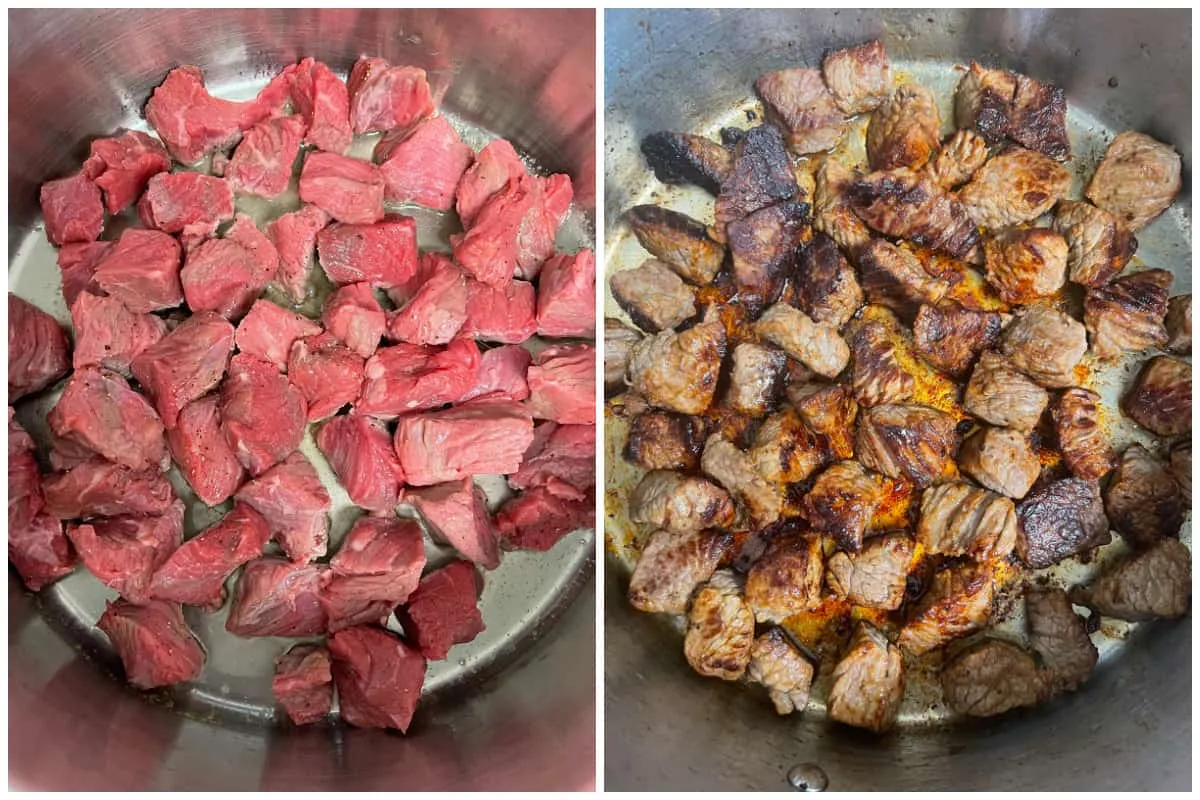 Anbraten des Rindfleischs in einem Schmortopf für das Paprika Gulasch Rezept