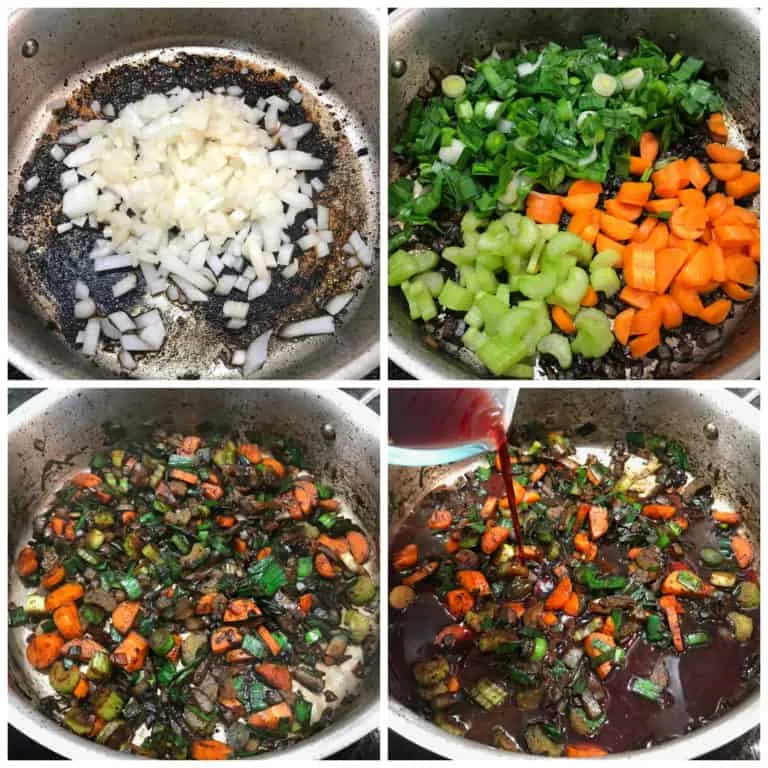 Anbraten von Gemüse und Hinzufügen von Rotwein für die Rouladensoße