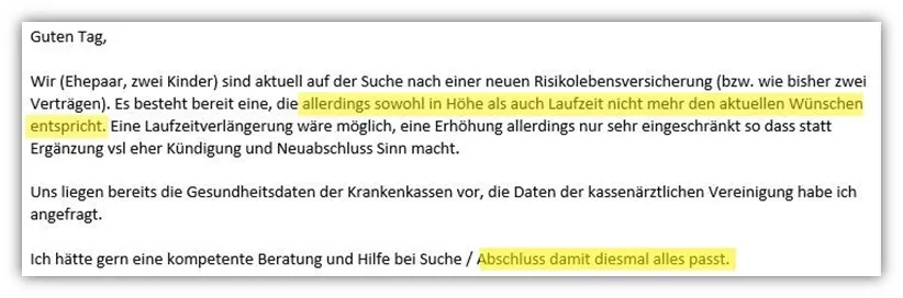 Anfrage Risikolebensversicherung