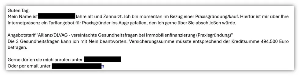 Anfragebeispiel 2 für die deutsche Lebensversicherung Allianz
