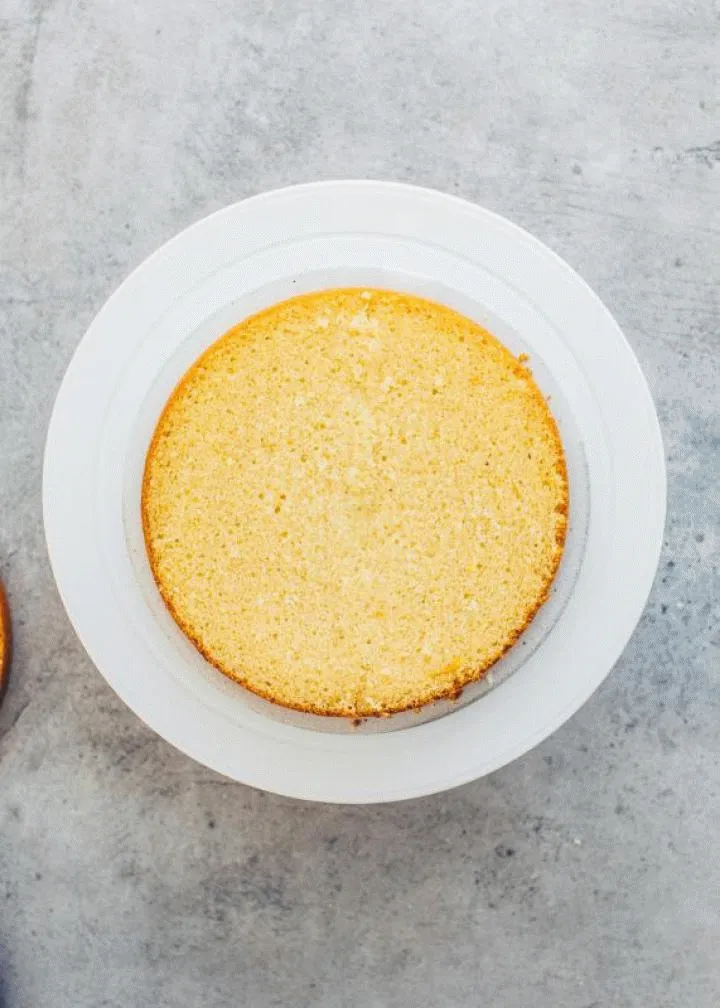 Animierte Anleitung zum Schichten der veganen Himbeer-Sahnetorte mit Creme und Füllung.
