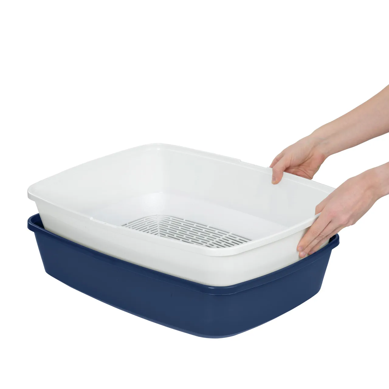 AniOne Katzentoilette mit Siebeinsatz, für Katzen, weiße Schale mit Sieb, dunkelblaue Unterschale, erleichtert die Reinigung.