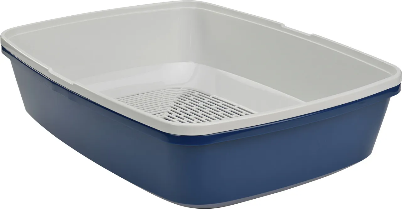 AniOne Katzentoilette mit Siebeinsatz, geeignet für Katzen aller Altersgruppen, rechteckig, dunkelblau/weiß, hygienisch & leicht zu reinigen.