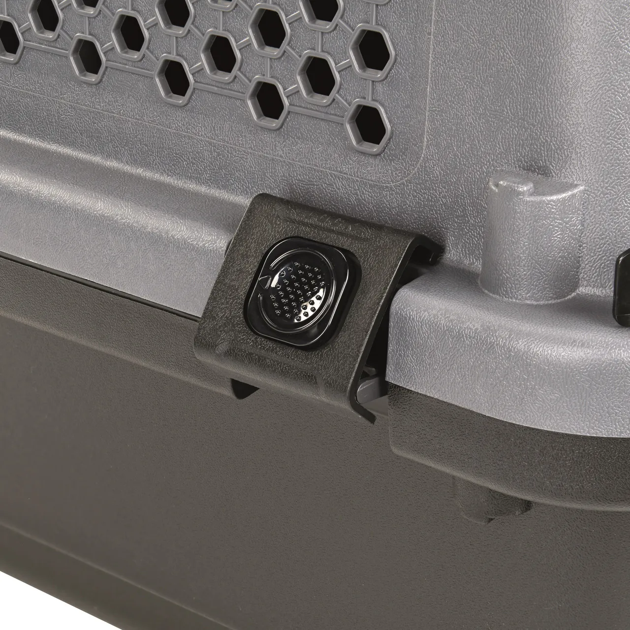 AniOne Transportbox für Hunde &amp; Katzen, robustes Grau/Schwarz, Belüftung mit Wabenmuster, stabiler Verschluss.