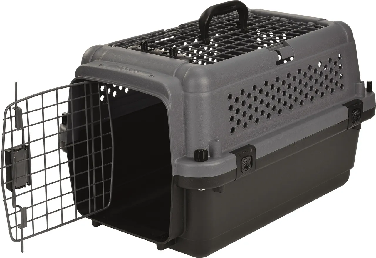 AniOne Transportbox, Katzen/Hunde, grau/schwarz, Metallgittertür, Lüftungsschlitze, Tragegriff, ideal für Reisen/Tierarztbesuche.