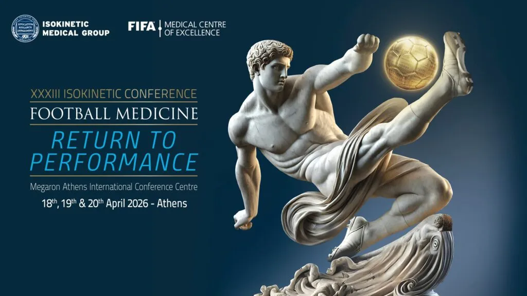 Ankündigung für den Internationalen Isokinetic Kongress 2026 in Athen, der führende Experten der Sportmedizin und Rehabilitation zusammenbringt.