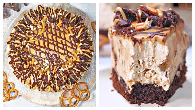 Anleitungsvideo-Thumbnail für die Zubereitung einer Ben &amp; Jerry's Erdnussbutter-Mousse-Torte mit veganen Zutaten.