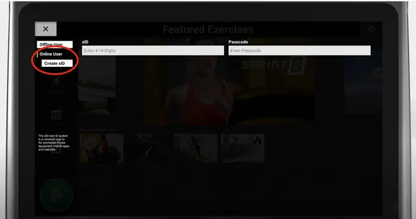 Anmeldebildschirm für einen Online-Benutzer (xID) auf einer Matrix Laufband-Konsole.