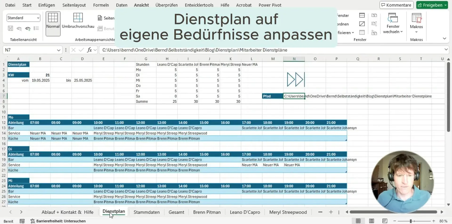 Anpassung der Excel-Dienstplan-Vorlage für individuelle Unternehmensbedürfnisse mit flexiblen Abteilungen und Arbeitszeiten