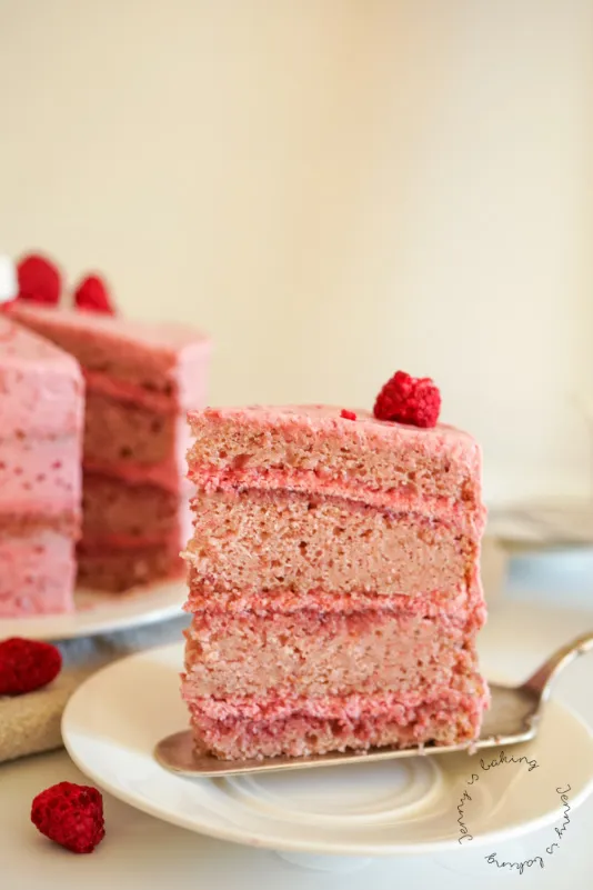 Anschnitt einer mehrschichtigen rosa Himbeer-Sahne-Torte mit cremiger Füllung