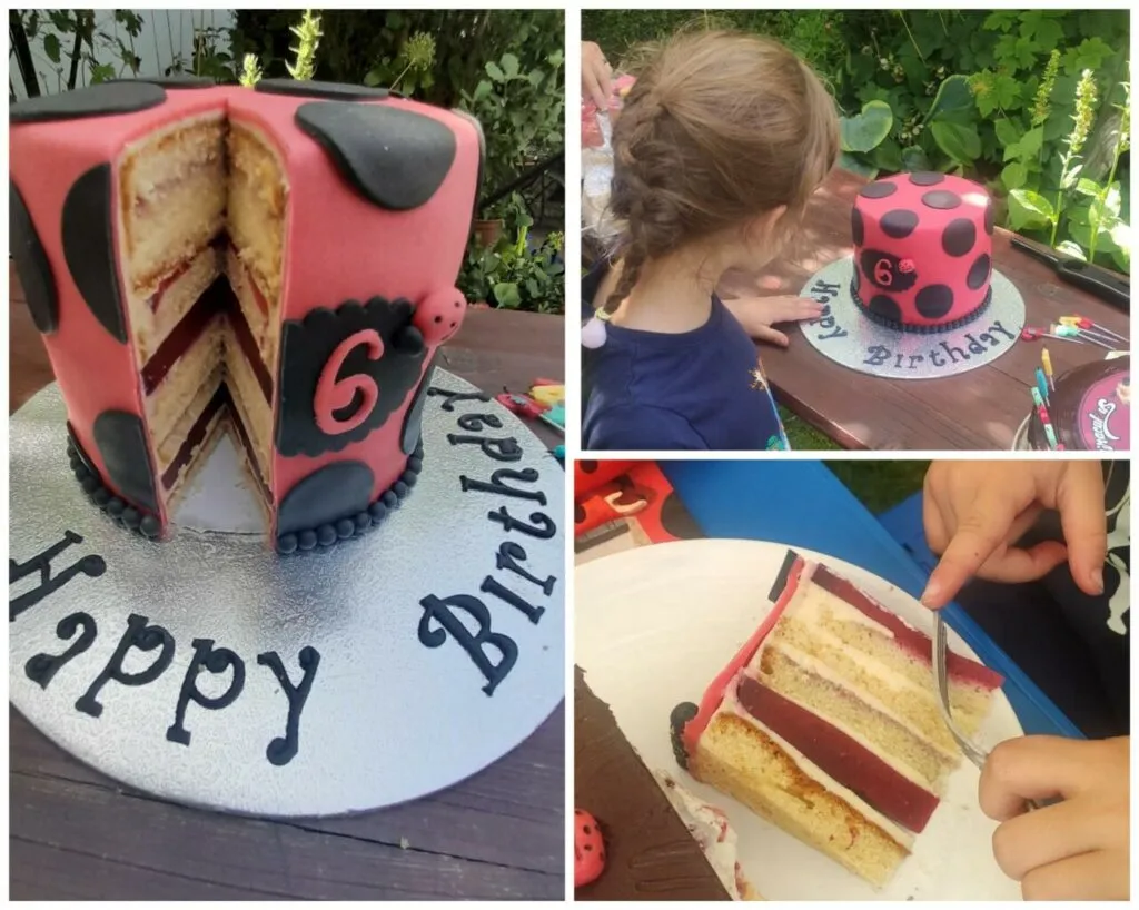 Ansicht des Ladybug Kuchens für den Kindergeburtstag von oben mit roten Fondantpunkten