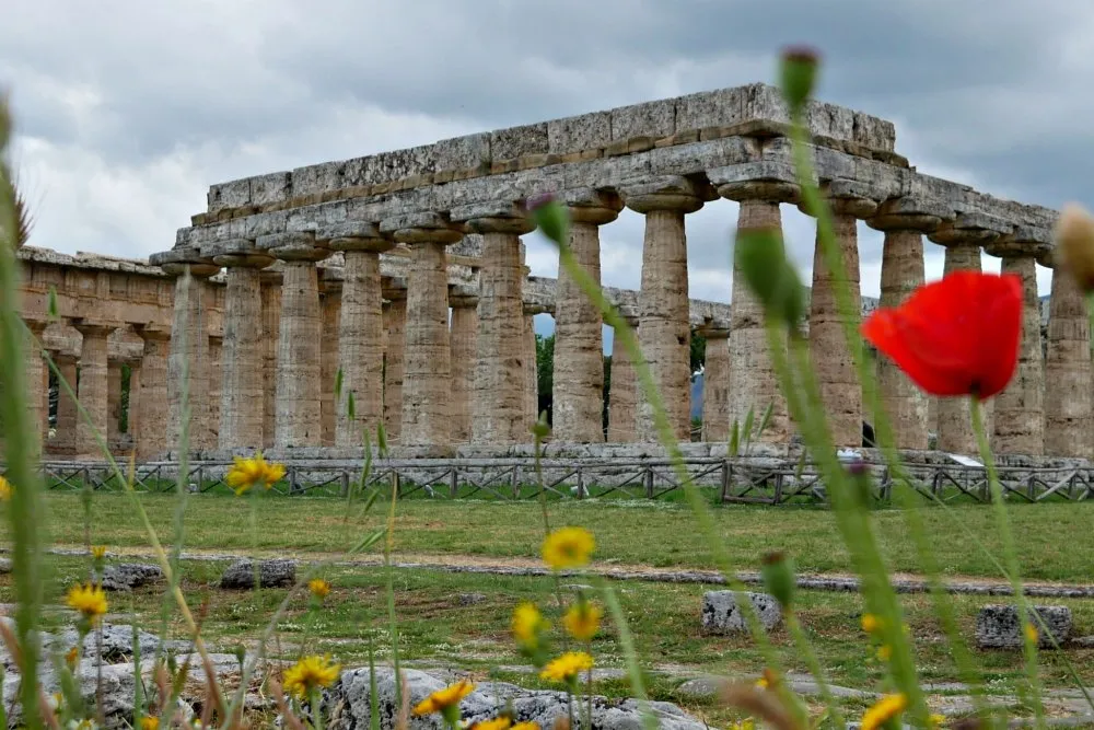 Antike Tempelanlage von Paestum im Cilento bei Sonnenuntergang