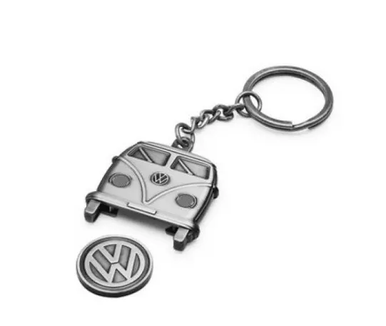 Antiksilberner T1 Schlüsselanhänger in Bulli-Front-Form mit Einkaufschip