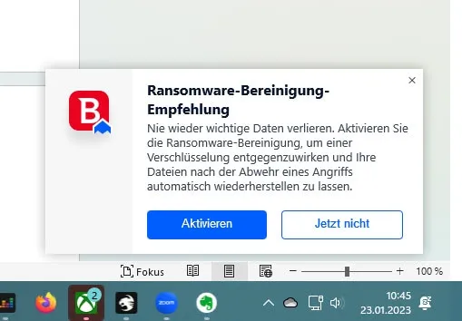 Antivirenprogramm Test: Bitdefender Meldung Ransomware