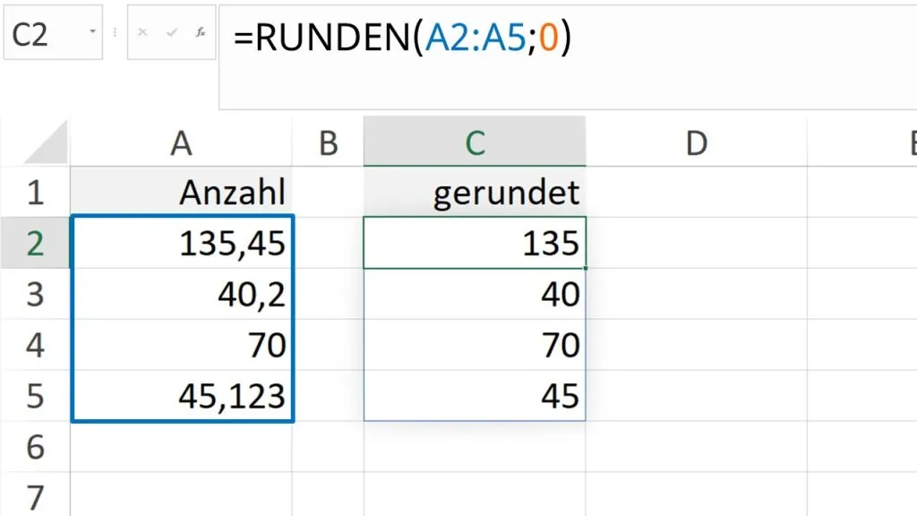 Anwendung der RUNDEN-Funktion in Excel, um Werte ohne Dezimalstellen darzustellen, wichtig für Excel Formeln und Grundlagen.
