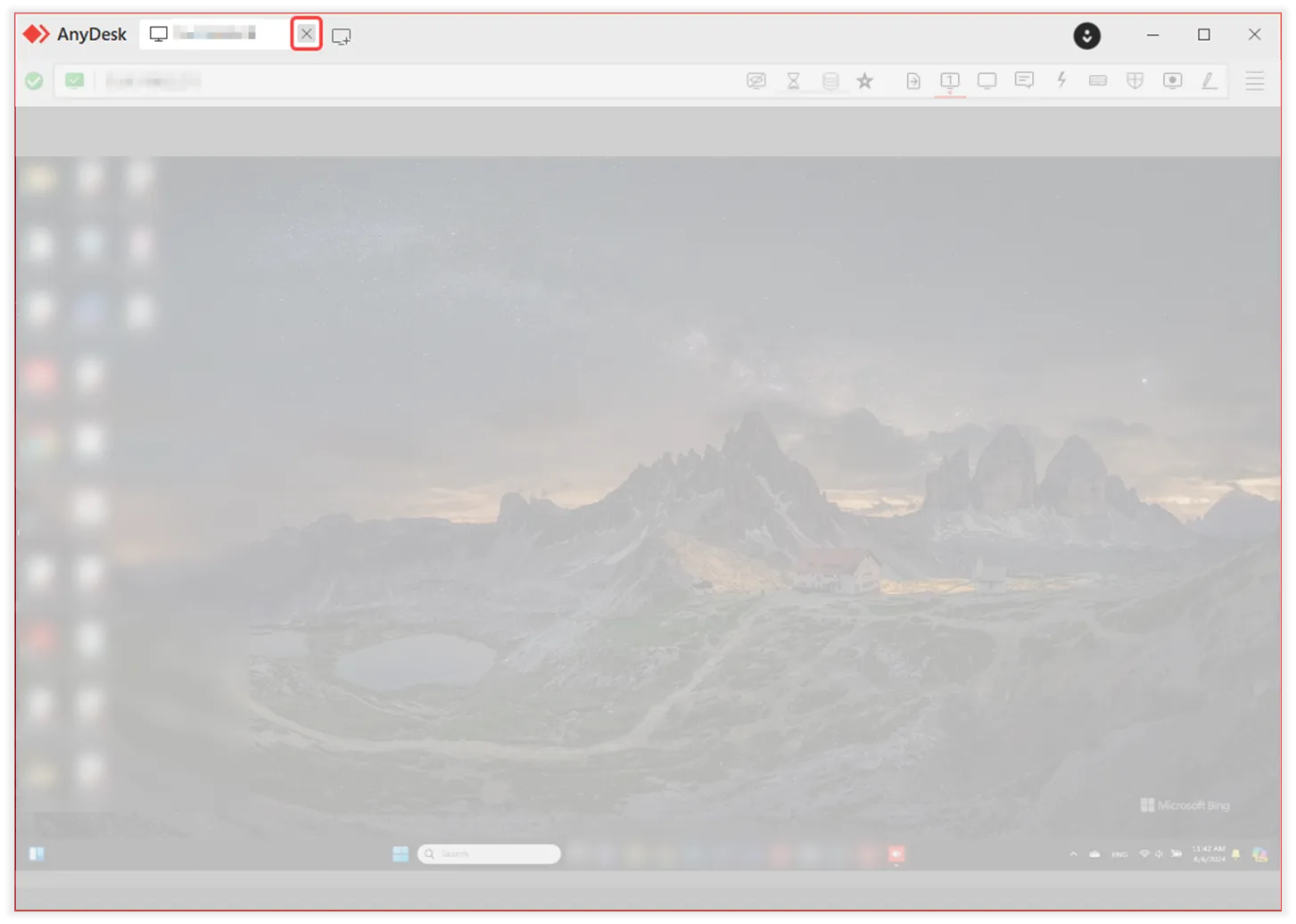 AnyDesk Sitzungs-Tab zum Beenden der Verbindung