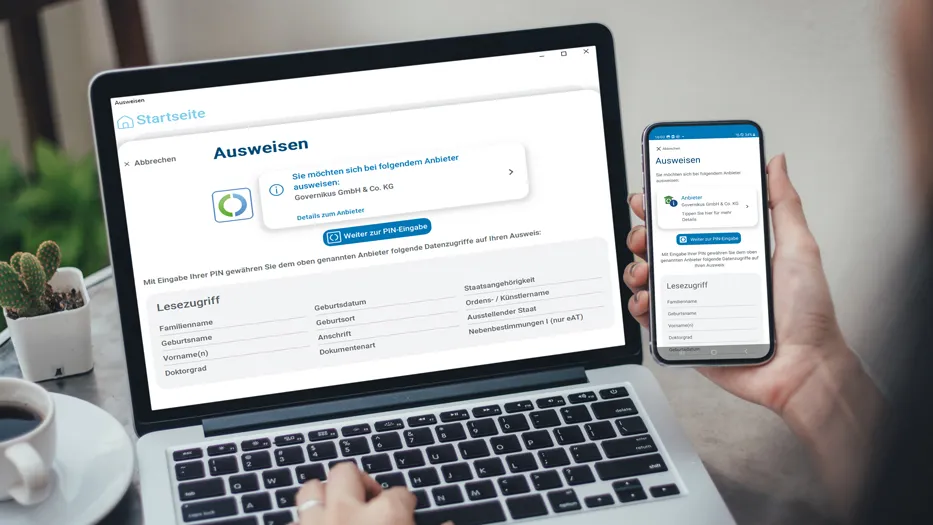 Anzeige des Berechtigungszertifikats der AusweisApp auf Laptop und Smartphone vor der Datenübermittlung