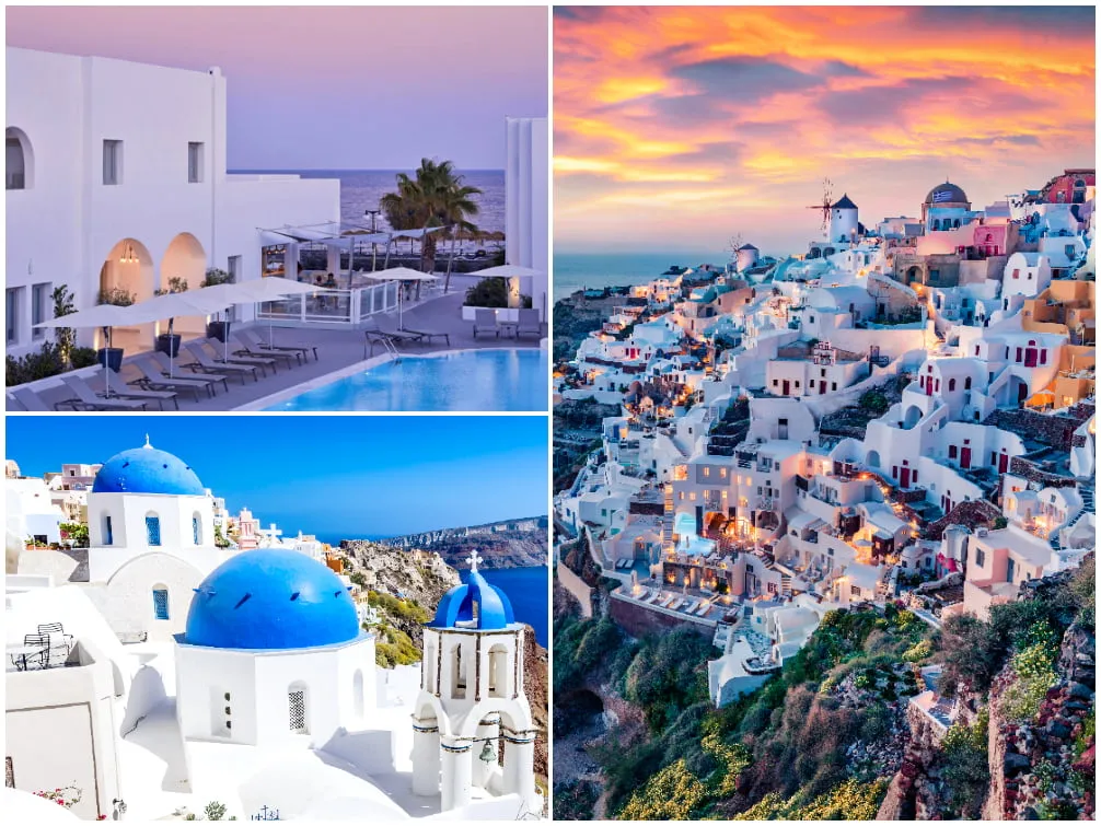 Aqua Blue Hotel in Perissa (o. links), berühmte blaue Dächer von Oia (u. links), das Küstendorf Oia (rechts)