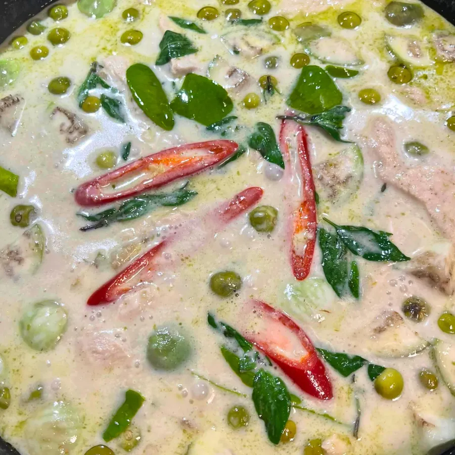 Aromatisch duftendes Grünes Thai Curry mit Huhn und Reis
