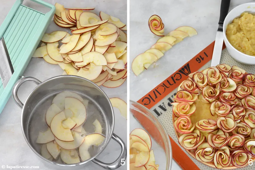Auftragen des Apfelkompotts auf die Tarte, bevor die Apfelrosen platziert werden – Detail eines anspruchsvollen Backrezepts.