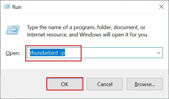 Ausführen-Fenster in Windows mit dem Befehl &quot;thunderbird -p&quot;